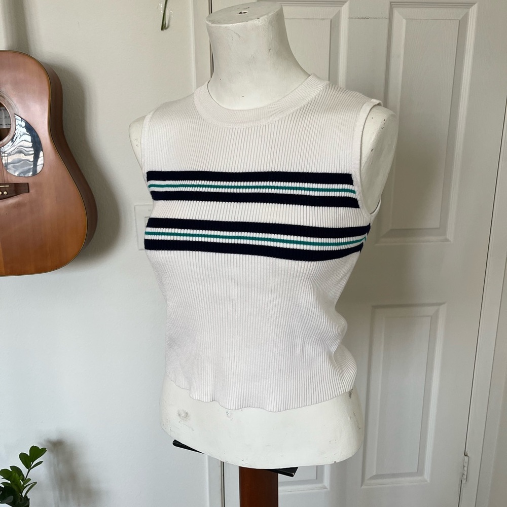 Classic White Sleeveless Top with Navy Stripes